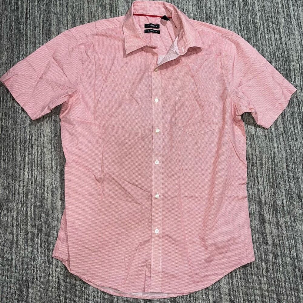 Van Heusen Mens Large Classic Fit Button Front Shirt Red‎ White Diamond Pattern